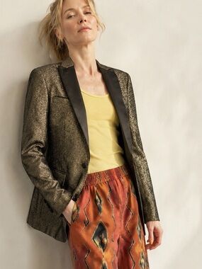 Men’s Unisex Retro Paris Gold & Black Sparkle Tuxedo Blazer Jacket Size 34R